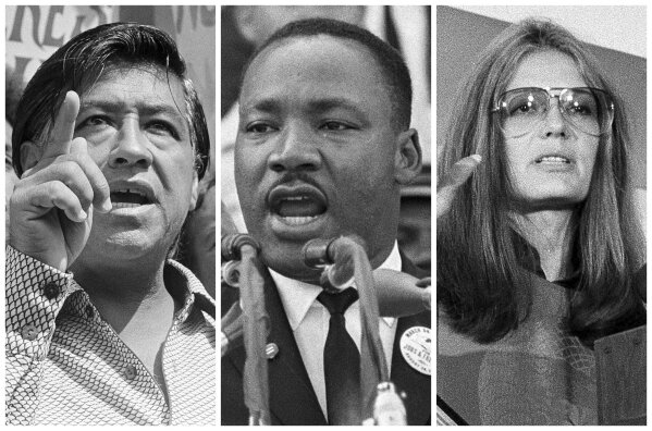 
              This combination of 1963-1979 photos shows, from left, Cesar Chavez, The Rev. Martin Luther King Jr. and Gloria Steinem.  The protest marches that have filled the nation’s streets since the election of Donald Trump rely on multiple voices, a change from the heyday of ‘60s social activism where there often was one famous face connected to a cause. The era of Martin Luther King and Cesar Chavez, both charismatic leaders, has given way to many people speaking out in rallies for women, immigrant rights, gun control. Social media has also made it easier to organize protests without a big name at the center. (AP Photo, File)
            