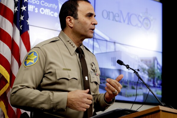 FILE - Maricopa County Sheriff Paul Penzone speaks at a news conference in Phoenix on Feb. 14, 2019. In a surprise announcement, Monday, Oct. 2, 2023, Penzone said he's resigning in January 2024 after serving almost two terms. (AP Photo/Matt York, File)