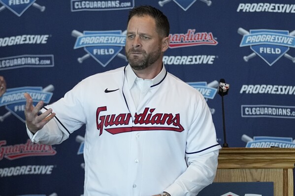 Stephen Vogt is introduced as the manager for the Cleveland Guardians baseball team at a news conference Friday, Nov. 10, 2023, in Cleveland. (AP Photo/Sue Ogrocki)
