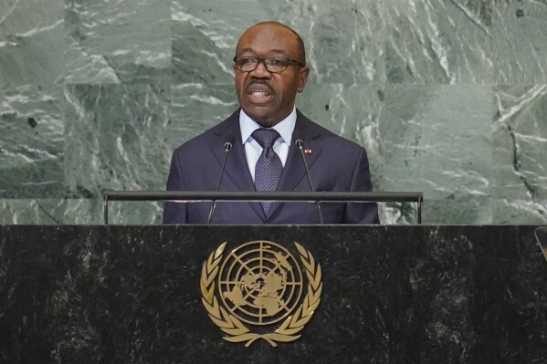 FILE - President of Gabon Ali Bongo Ondimba addresses the 77th session of the United Nations General Assembly, Wednesday, Sept. 21, 2022 at U.N. headquarters. Nearly a dozen soldiers took to state television and said they were overturning the presidential election and called for calm among the population Wednesday, Aug. 30, 2023.(AP Photo/Mary Altaffer, File)