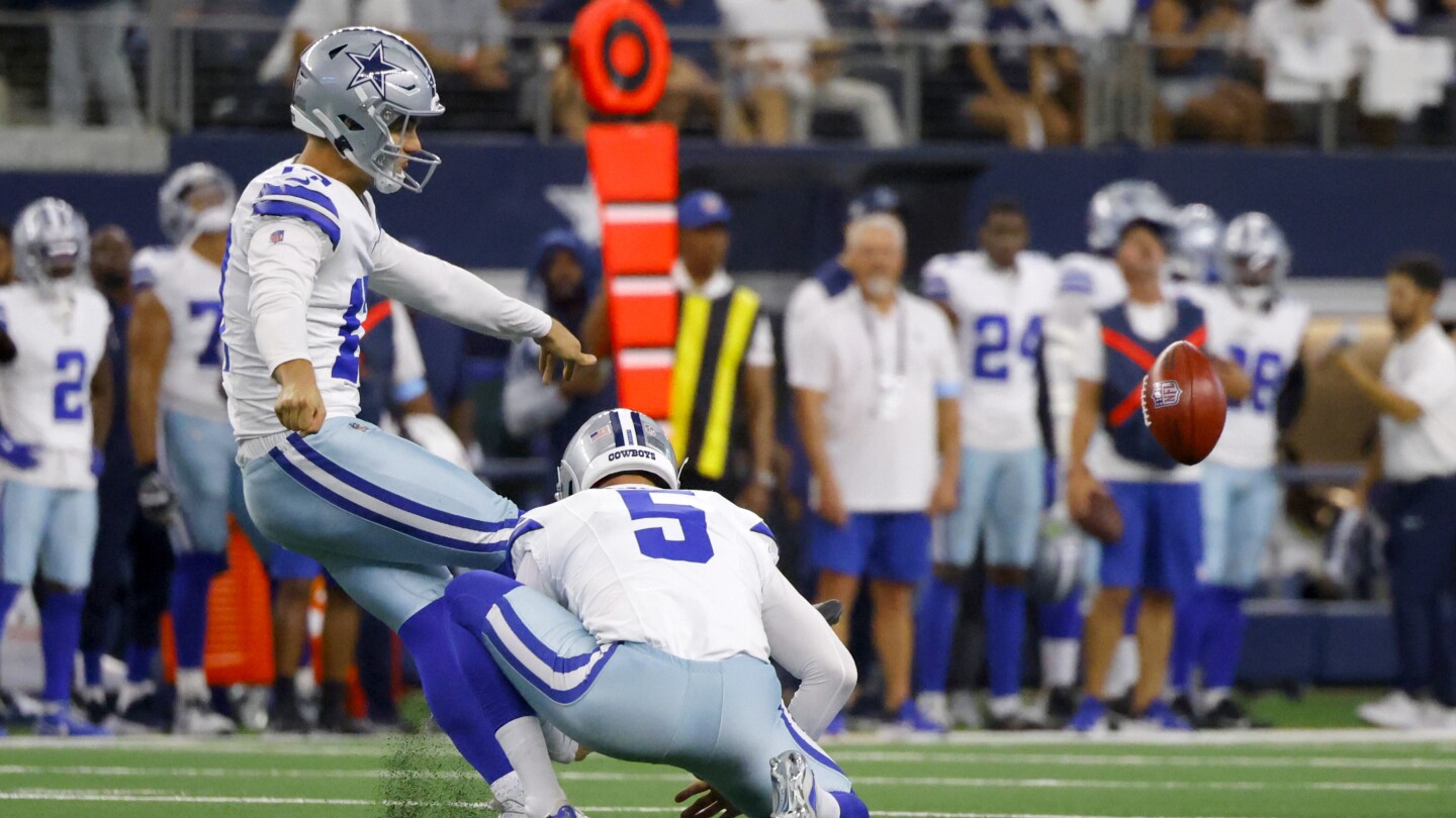 Brandon Aubrey of the Cowboys kicks a 65-yard field goal, 1 yard short of the NFL record