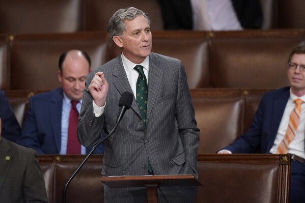 FILE - Rep. French Hill, R-Ark., nominates Rep. Kevin McCarthy, R-Calif., for the eleventh time in the House chamber as the House meets for the third day to elect a speaker and convene the 118th Congress in Washington, Thursday, Jan. 5, 2023. Three U.S. Congress members, including Hill, made a brief visit to opposition-held northwest Syria on Sunday, Aug. 27, the first known trip to the war-torn country by American lawmakers in six years. (AP Photo/Alex Brandon, File)