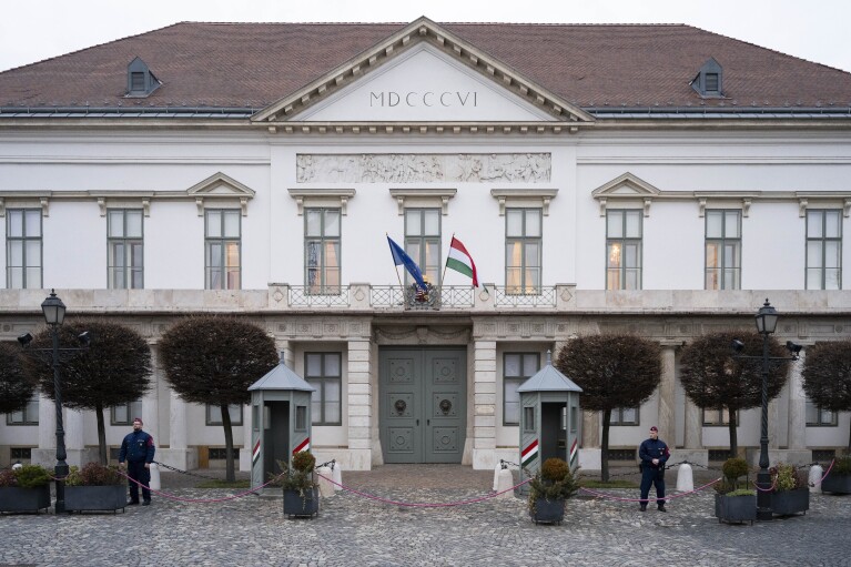 A general view of Sándor Palace, the office of the President of Hungary, in Budapest, Saturday, Feb. 10, 2024.  Hungary's conservative President Katalin Novak has resigned amid public outrage over granting clemency to a man convicted of child sex abuse.  The case, a decision that sparked an unprecedented political scandal for the long-serving nationalist government.  (AP Photo/Danes Erdos)