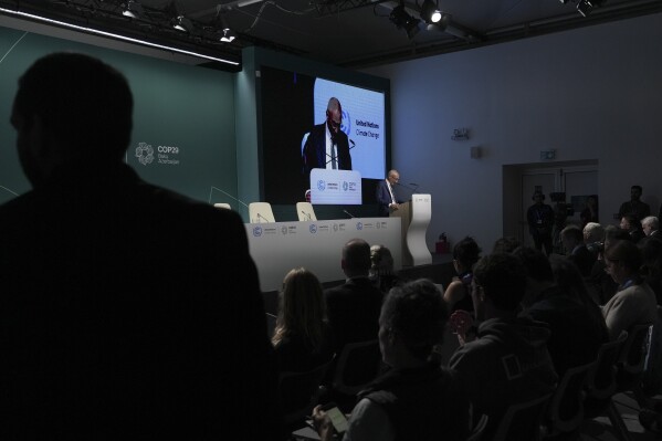 John Podesta, U.S. climate envoy, speaks during a news conference at the COP29 U.N. Climate Summit, Monday, Nov. 11, 2024, in Baku, Azerbaijan. (AP Photo/Joshua A. Bickel)