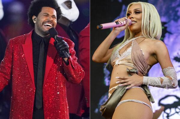 The Weeknd performs during the halftime show of the NFL Super Bowl 55 football game in Tampa, Fla. on Feb. 7, 2021, left, and Doja Cat performs at the Austin City Limits Music Festival in Austin, Texas, on Oct. 2, 2021. The Weeknd returns as the top finalist, up for 17 awards, at the 2022 Billboard Music Awards for the second year in a row, while Doja Cat has nods in 14 categories fresh off her first Grammy Award win. (AP Photo)