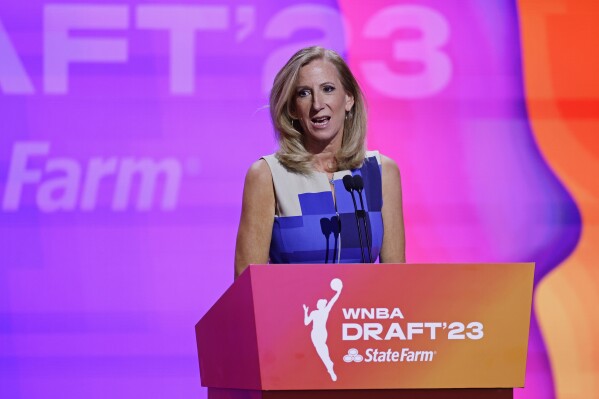 FILE - Commissioner Cathy Engelbert speaks at the WNBA basketball draft Monday, April 10, 2023, in New York. The WNBA has agreed to grant Golden State an expansion franchise in 2025. While the deal hasn’t been finalized, WNBA Commissioner Cathy Engelbert is expected to be in the Bay Area on Thursday, Oct. 5, to announce the new franchise, according to a person familiar with the situation. (AP Photo/Adam Hunger, File)