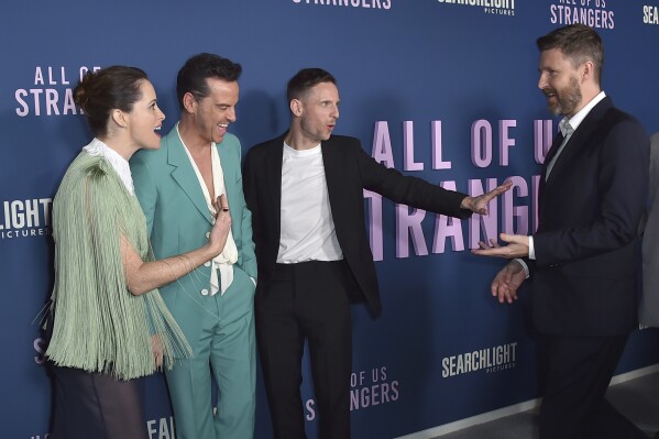 Claire Foy, from left, Andrew Scott, Andrew Haigh and Jamie Bell arrive at a screening of "All of Us Strangers," Saturday, Dec. 9, 2023, at Vidiots in Los Angeles. (Photo by Jordan Strauss/Invision/AP)