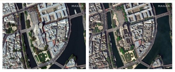 
              This combination photo of satellite images provided by DigitalGlobe, a Maxar company, shows Notre Dame cathedral in Paris on Sept. 2, 2018, left, before the April 15, 2019, fire and damage at the church on April 17. (DigitalGlobe, a Maxar company via AP)
            