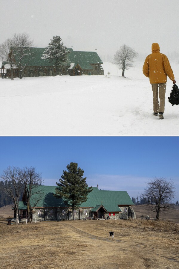 This combination photo shows a man walking through snow towards a church for prayers on Dec. 25, 2004, top, and a stray dog walking near the same church on Saturday, Jan. 13, 2024, in Gulmarg, northwest of Srinagar, Indian controlled Kashmir. A prolonged dry spell is sweeping across the Indian-controlled portion of Kashmir during the harshest phase of winter, leaving many people sick and farmers worried about impending water shortages. (AP Photo/Dar Yasin)