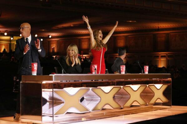 This image provided by NBC shows "America's Got Talent" judges Howie Mandel, from left, Heidi Klum, Sofia Vergara and Simon Cowell during an episode of the show that aired on Tuesday, June 22, 2021. (Trae Patton/NBC via AP)