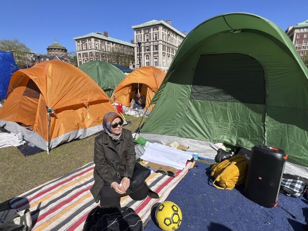 Nahla Al-Arian visits the pro-Palestinian protesters encampment on the campus of Columbia University, Thursday, April 25, 2024, in New York. (Laila Al-Arian via AP)
