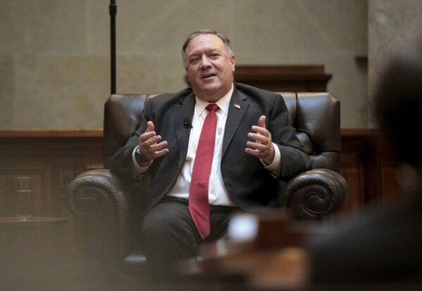 Secretary of State Mike Pompeo speaks during a question and answer sessions with state Republican legislators in the Senate chamber of the Wisconsin State Capitol in Madison, Wis. Wednesday, Sept. 23, 2020. (John Hart/Wisconsin State Journal via AP)