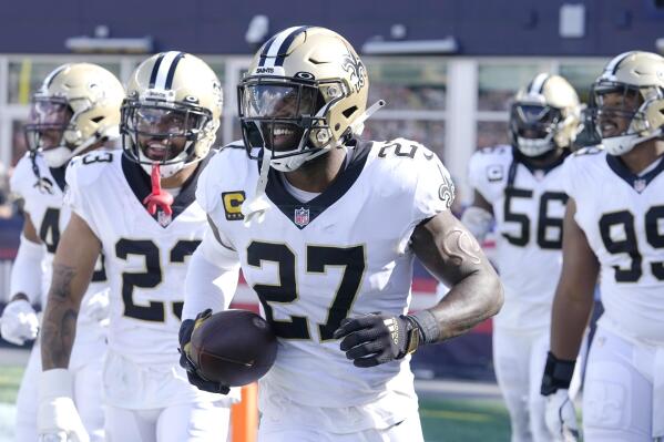 New Orleans Saints strong safety Malcolm Jenkins (27) smiles after his touchdown against the New England Patriots during the second half of an NFL football game, Sunday, Sept. 26, 2021, in Foxborough, Mass. (AP Photo/Steven Senne)