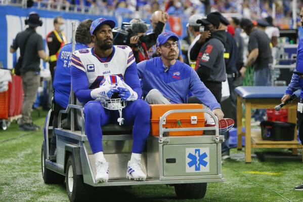 Buffalo Bills linebacker Von Miller (40) is carted off the field during the first half of an NFL football game against the Detroit Lions, Thursday, Nov. 24, 2022, in Detroit. (AP Photo/Duane Burleson)