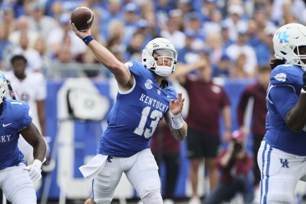 Kentucky quarterback Devin Leary (13) throws the ball during the first half of an NCAA college football game against Eastern Kentucky in Lexington, Ky., Saturday, Sept. 9, 2023. (AP Photo/Michelle Haas Hutchins)