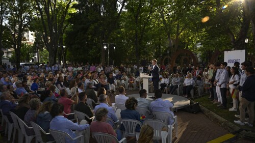Popular Party candidate Nunez Feijoo speaks to his supporters during a campaign rally in Pamplona, northern Spain, Saturday, July 15, 2023. The conservative Popular Party candidate for Sunday's general election is mostly unknown outside Spain, but he has been the country's most solid regional leader so far this century and has never lost an election. (AP Photo/Alvaro Barrientos)
