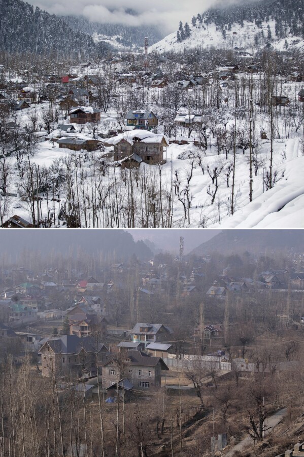 This combination photograph shows a view of snow-covered Tangmarg village on Jan. 27, 2017, top, and the same view on Saturday, Jan. 13, 2024 of Tangmarg, northwest of Srinagar, Indian controlled Kashmir. A prolonged dry spell is sweeping across the Indian-controlled portion of Kashmir during the harshest phase of winter, leaving many people sick and farmers worried about impending water shortages. (AP Photo/Dar Yasin)