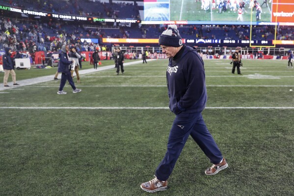 New England Patriots head coach Bill Belichick walks off the field after a 6-0 loss to the Los Angeles Chargers following an NFL football game, Sunday, Dec. 3, 2023, in Foxborough, Mass. (AP Photo/Michael Dwyer)