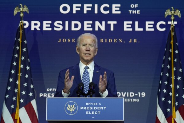 President-elect Joe Biden speaks at The Queen theater, Monday, Nov. 9, 2020, in Wilmington, Del. (AP Photo/Carolyn Kaster)