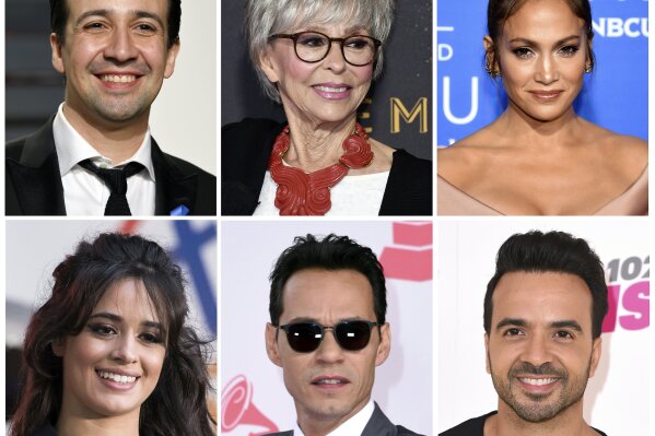 
              This combination photo shows Lin-Manuel Miranda, top row from left, Rita Moreno, Jennifer Lopez, and bottom row from left, Camilla Cabello, Marc Anthony and Luis Fonsi who are a few of the musicians who have participated in the new original song, "Almost Like Praying” to help raise money for Puerto Rican hurricane relief. (AP Photo/File)
            