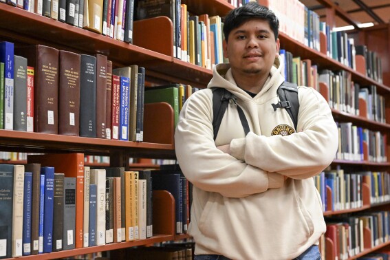 Jesus Noyola, a sophomore attending Rensselaer Polytechnic Institute, poses for a portrait in the Folsom Library, Tuesday, Feb. 13, 2024, in Troy, N.Y. A later-than-expected rollout of a revised Free Application for Federal Student Aid, or FASFA, that schools use to compute financial aid, is resulting in students and their parents putting off college decisions. Noyola said he hasn鈥檛 been able to submit his FAFSA because of an error in the parent portion of the application. 鈥淚t鈥檚 disappointing and so stressful since all these issues are taking forever to be resolved,鈥� said Noyola, who receives grants and work-study to fund his education. (APPhoto/Hans Pennink)