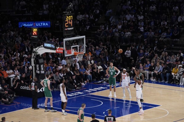 New York Knicks' Mitchell Robinson shoots a free throw during the second half of Game 3 of an NBA basketball second-round playoff series against the Boston Celtics, Saturday, May 10, 2025, in New York. (AP Photo/Pamela Smith)