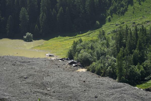 The aftermath of the Birch Glacier collapse is visible in Blatten, Switzerland, June 11, 2025. (AP Photo/Matthias Schrader)