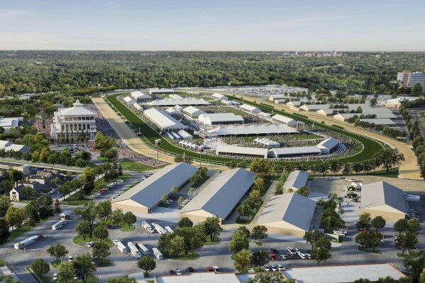 This artist's rendering shows an aerial view of the proposed plan to rebuild Pimlico Race Course in Baltimore, Md. (Ayers Saint Gross and Populous/Maryland's Governor Office via AP)