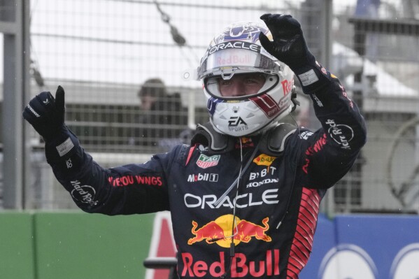 Red Bull driver Max Verstappen of the Netherlands celebrates after winning the Formula One Dutch Grand Prix at the Zandvoort racetrack, in Zandvoort, Netherlands, Sunday, Aug. 27, 2023.(AP Photo/Peter Dejong)