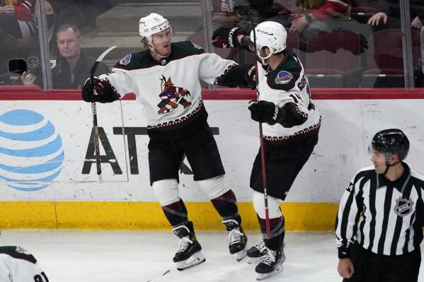 Arizona Coyotes center Travis Boyd, left, celebrates with defenseman Shayne Gostisbehere after scoring a goal during the second period of the team's NHL hockey game against the Chicago Blackhawks in Chicago, Sunday, April 3, 2022. (AP Photo/Nam Y. Huh)