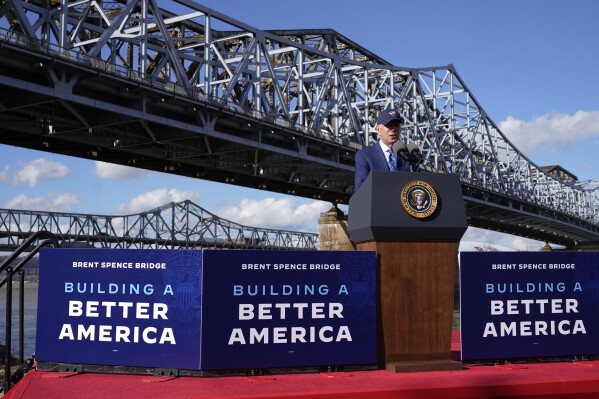 President Joe Biden speaks about his infrastructure agenda under the Clay Wade Bailey Bridge, Jan. 4, 2023, in Covington, Ky. (AP Photo/Patrick Semansky, File)