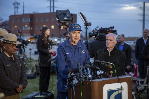 Rear Adm. Shannon Gilreath, commander of the Fifth Coast Guard District, speaks in Dundalk, Md., on Tuesday, March 26, 2024.  (AP Photo/Ted Shaffrey)