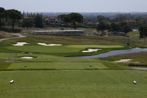 A view from the tee of hole No. 16 at the Marco Simone Club in Guidonia Montecelio, Italy, Tuesday, July 11, 2023. If there’s one hole on the course outside Rome that is destined to be decisive in this year’s Ryder Cup between the United States and Europe, it’s the driveable par-4 No. 16. The Ryder Cup will be held in Italy from Sept. 29 to Oct.1 at the Marco Simone Club in Guidonia Montecelio, on the outskirts of Rome. (AP Photo/Alessandra Tarantino)