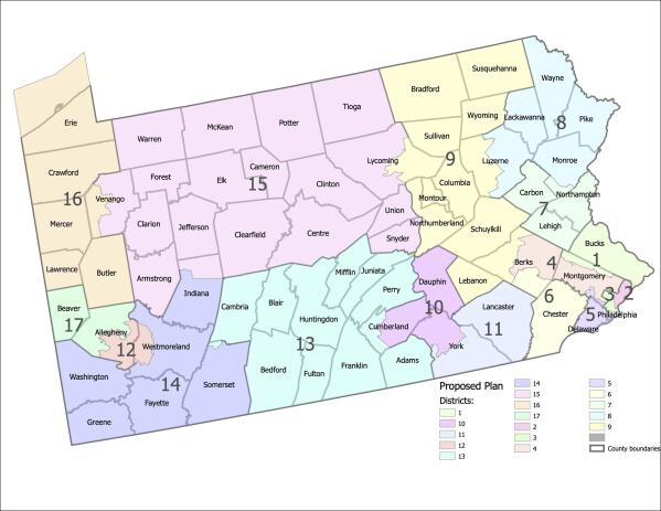 Shown is a new map of congressional districts provided by the Supreme Court Of Pennsylvania on Wednesday, Feb. 23, 2022. Pennsylvania's highest court is breaking a partisan deadlock over a new map of congressional districts by selecting boundaries that broadly adhere to the current outlines of the state's districts. (Supreme Court Of Pennsylvania via AP)