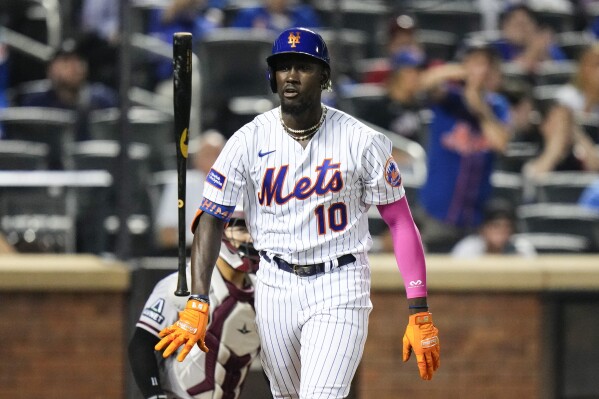 New York Mets' Ronny Mauricio flips his bat after hitting a two-run home run against the Arizona Diamondbacks during the fourth inning of a baseball game, Sept. 12, 2023, in New York. (AP Photo/Frank Franklin II, File)