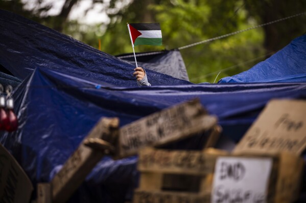 A protester waves a Palestinian flag at the University of New Mexico solidarity encampment in Albuquerque in May 2024. (Chancey Bush/The Albuquerque Journal via AP, File)
