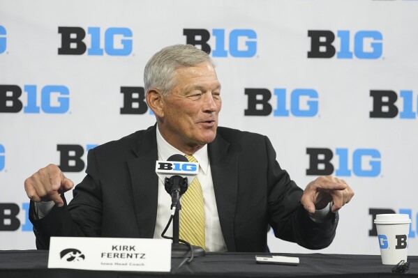 Iowa head coach Kirk Ferentz speaks during an NCAA college football news conference at the Big Ten Conference media days at Lucas Oil Stadium, Wednesday, July 26, 2023, in Indianapolis. (AP Photo/Darron Cummings)