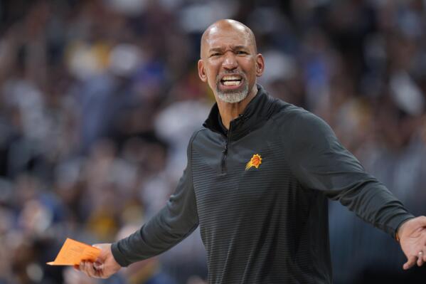Phoenix Suns coach Monty Williams argues for a call during the second half of Game 5 of the team's NBA Western Conference basketball semifinal playoff series against the Denver Nuggets on Tuesday, May 9, 2023, in Denver. (AP Photo/David Zalubowski)