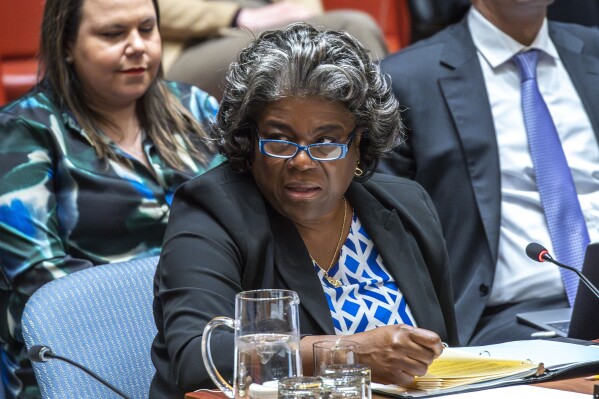 U.S. United Nations Ambassador Linda Thomas-Greenfield addresses a meeting of the United Nations Security Council on maintenance of international peace and security Nuclear disarmament and non-proliferation, Monday, March 18, 2024, at U.N. headquarters. (AP Photo/Eduardo Munoz Alvarez)