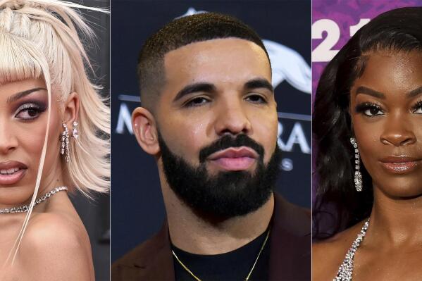 Doja Cat appears at the 64th Annual Grammy Awards in Las Vegas on April 3, 2022, from left, Drake appears at the Billboard Music Awards in Las Vegas on May 1, 2019, and Ari Lennox appears at the 2021 Soul Train Awards in New York on Nov. 20, 2021. Doja Cat scored six nominations for the BET Awards. Drake and Lennox are the second-most nominated acts, scoring four nods each. The BET Awards will be held on June 26 in Los Angeles. (AP Photo)