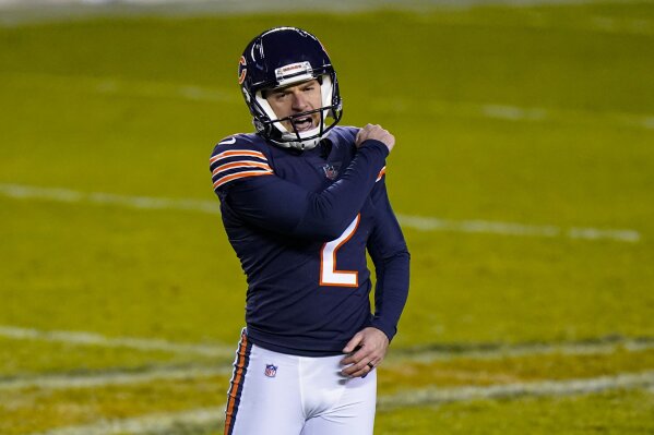 Chicago Bears kicker Cairo Santos (2) celebrates a field goal to tie the game in the closing seconds of the second half of an NFL football game against the New Orleans Saints in Chicago, Sunday, Nov. 1, 2020. (AP Photo/Nam Y. Huh)