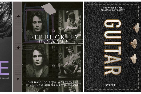 This combination photo of cover images shows, from left, "My Name is Prince" by Randee St. Nicholas, “Jeff Buckley: His Own Voice,” edited by Mary Guibert and David Browne, "Guitar: The World's Most Seductive Instrument," by David Schiller and “Rihanna,” by Rihanna. (Amistad/Da Capo Press/Workman Publishing/Phaidon  via AP)