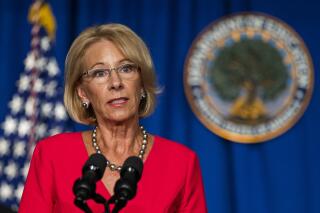 FILE - Education Secretary Betsy DeVos speaks during a briefing at the Department of Education building in Washington on July 8, 2020. Former Education Secretary DeVos on Wednesday, Feb. 2, 2022, backed a Michigan ballot drive to let students attend private schools and pay other educational expenses with accounts funded by tax-free corporate and individual donations. (AP Photo/Manuel Balce Ceneta, File)
