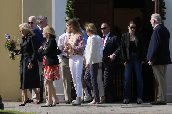 President Joe Biden, first lady Jill Biden and members of the Biden family walk to the grave of the president's late son, Beau Biden, after attending a memorial mass at St. Joseph on the Brandywine Catholic Church in Wilmington, Del., Tuesday, May 30, 2023. Beau Biden died of brain cancer at age 46 in 2015. (AP Photo/Patrick Semansky)