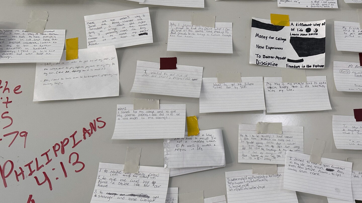 Index cards describing why the recruits joined the Army are taped to a large board on a wall at Fort Jackson, a U.S. Army Training Center, in Columbia, S.C., Sept. 25, 2024. (AP Photo/Lolita Baldor)