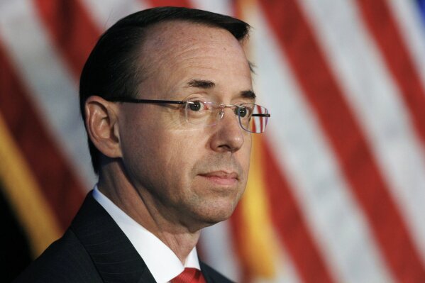 FILE - In this June 20, 2017, file photo, Deputy Attorney General Rod Rosenstein listens during the Justice Department's National Summit on Crime Reduction and Public Safety in Bethesda, Md. Former Deputy Attorney General Rosenstein told the FBI he was "angry, ashamed, horrified and embarrassed" at the way James Comey was fired as FBI director. An FBI summary of that interview was among hundreds of pages of documents released Monday, Dec. 2, 2019, as part of a public records lawsuit brought by BuzzFeed News and CNN. (AP Photo/Jacquelyn Martin, File)