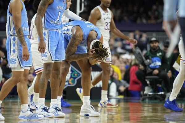 North Carolina forward Armando Bacot reacts during the second half of a college basketball game against Kansas in the finals of the Men's Final Four NCAA tournament, Monday, April 4, 2022, in New Orleans. (AP Photo/Brynn Anderson)
