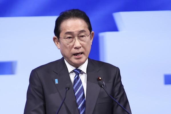 Japan's Prime Minister and President of the Liberal Democratic Party Fumio Kishida delivers a speech during the party's convention in Tokyo Sunday, March 17, 2024. (Rodrigo Reyes Marin/Pool Photo via AP)