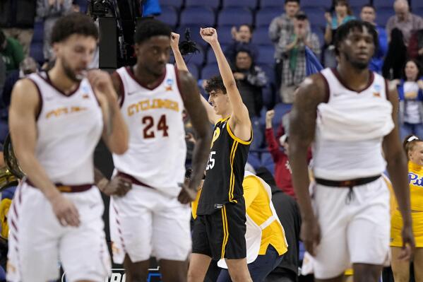 Pittsburgh forward Guillermo Diaz Graham celebrates after their win against Iowa State in a first-round college basketball game in the NCAA Tournament on Friday, March 17, 2023, in Greensboro, N.C. (AP Photo/Chris Carlson)