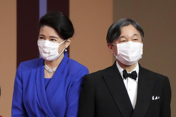 FILE - Japan's Emperor Naruhito and Empress Masako attend the Japan Prize presentation ceremony in Tokyo on April 13, 2022. Japanese emperor and empress will travel to Britain to attend Queen Elizabeth II’s state funeral next week to pay respects to her, Japan's top government spokesperson said Wednesday, Sept. 14, 2022. (AP Photo/Eugene Hoshiko, Pool, File)